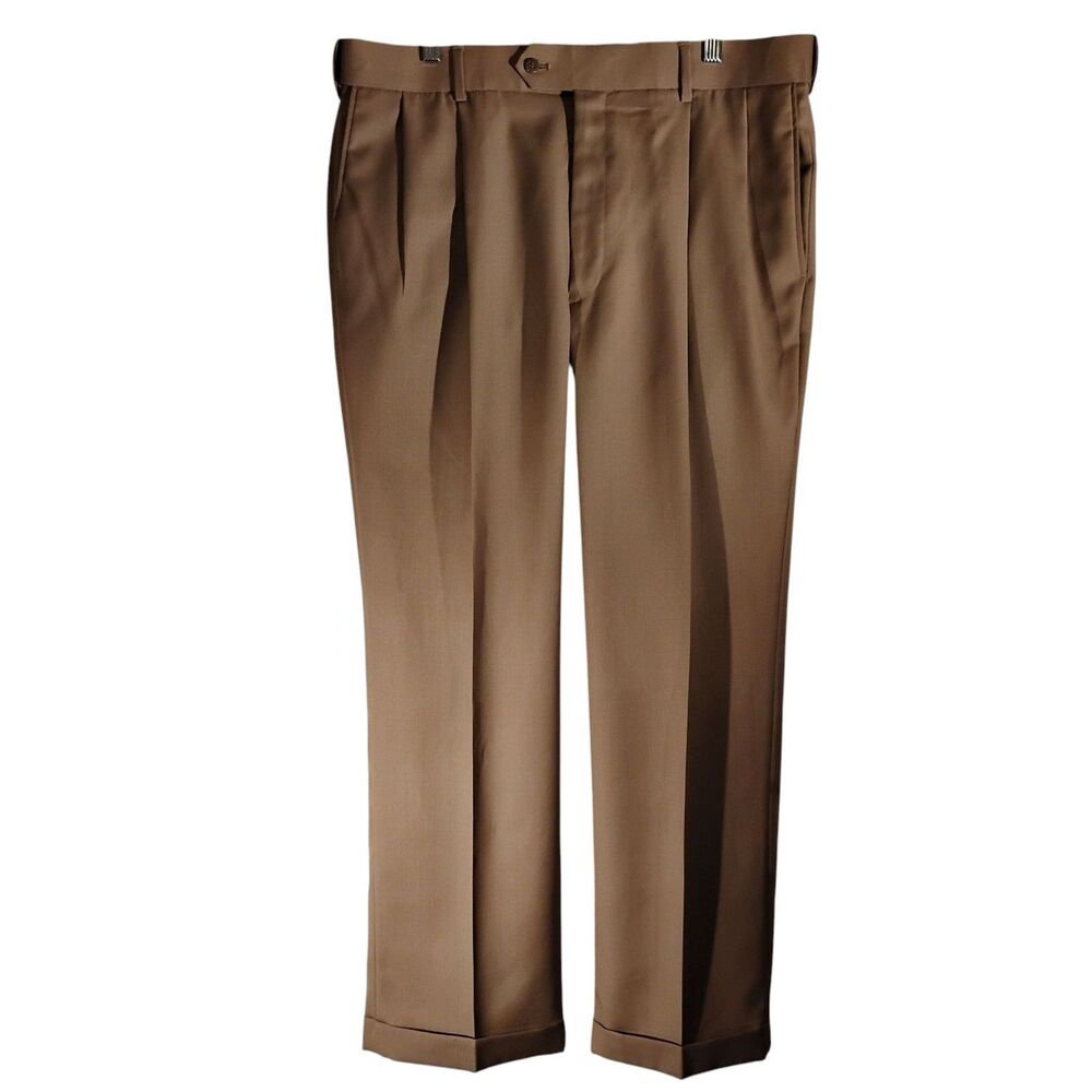 Stafford dress pants mens 38x30 khaki tan pleated worsted wool blend cuffed
